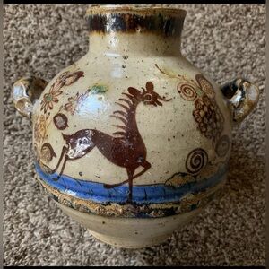 Vintage 20th Century Hand-Decorated Glazed Stoneware Vase